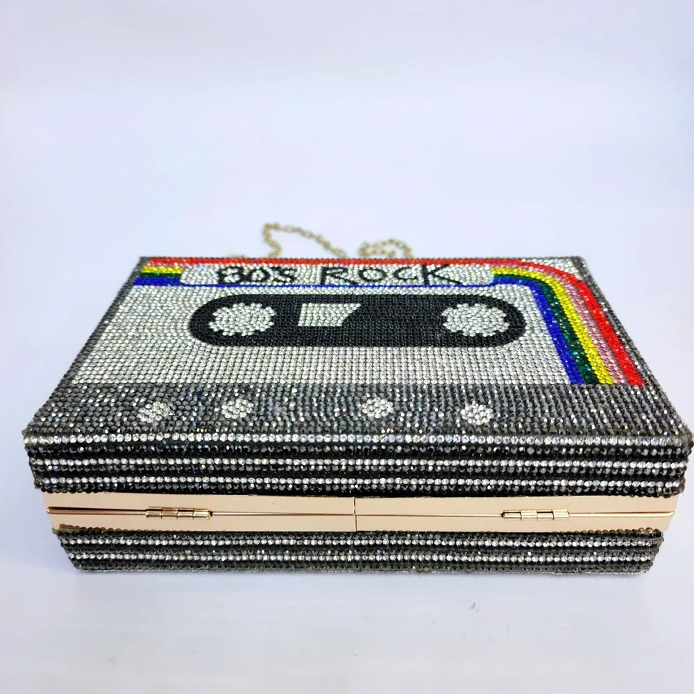 80s Rock Cassette Tape Rhinestone Box Clutch Bag  Crystal Minaudiere Retro